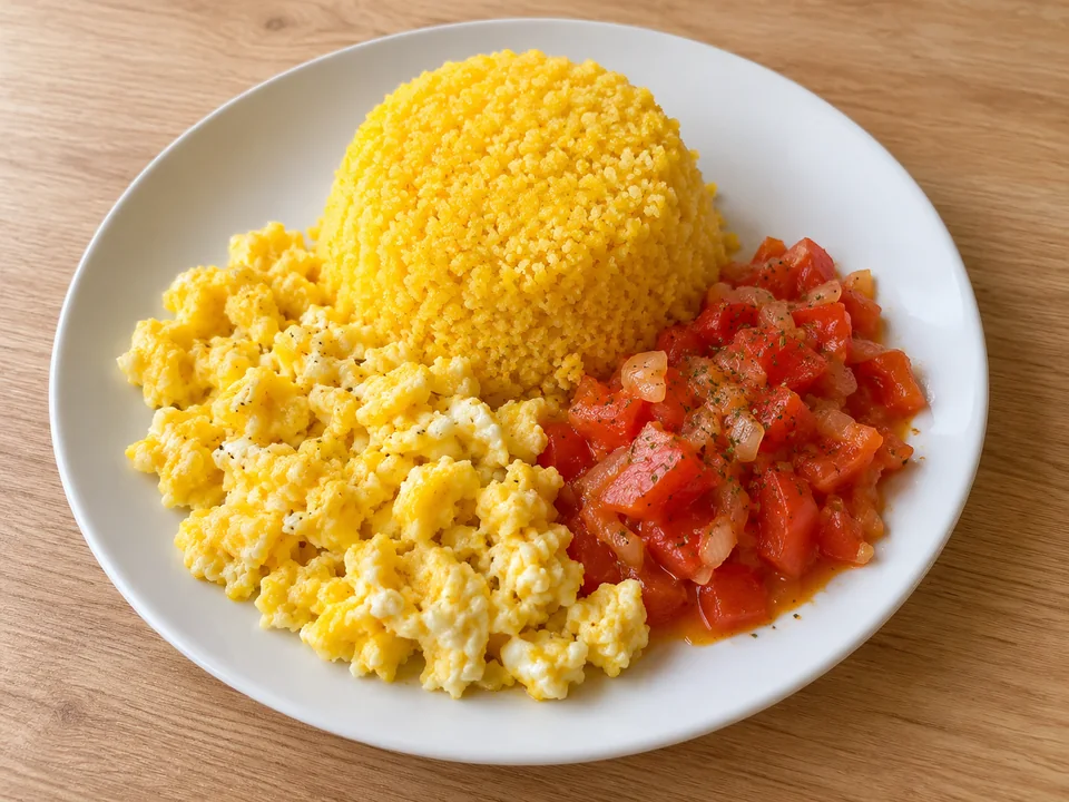 Cuscuz com ovos e tomate para o café da manhã