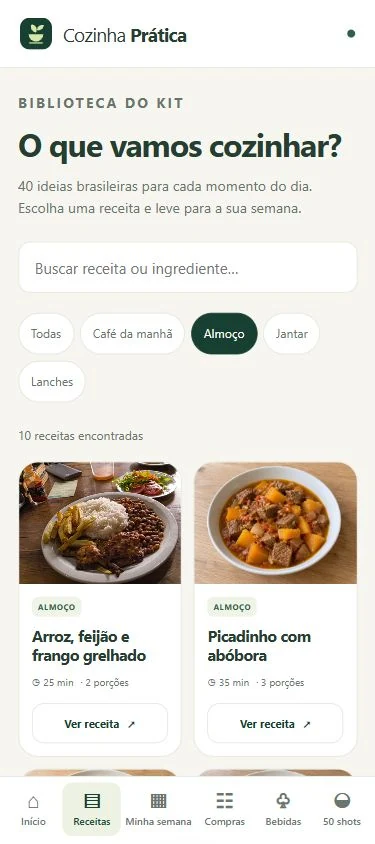 Tela real da biblioteca com busca e categorias de receitas