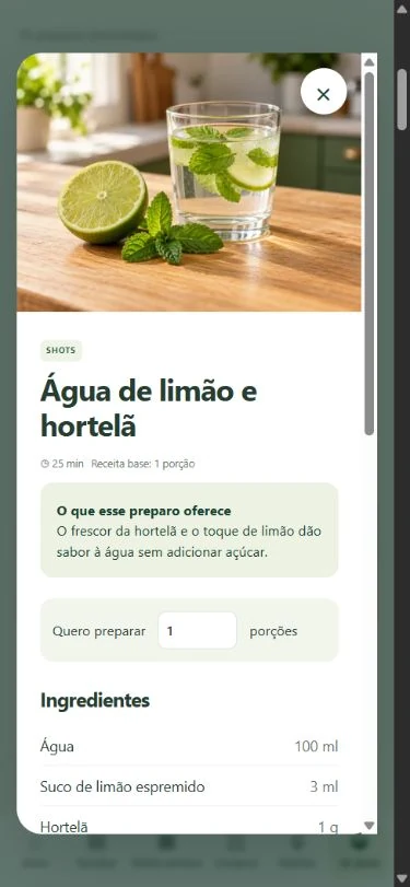 Tela real da coleção de shots e infusões