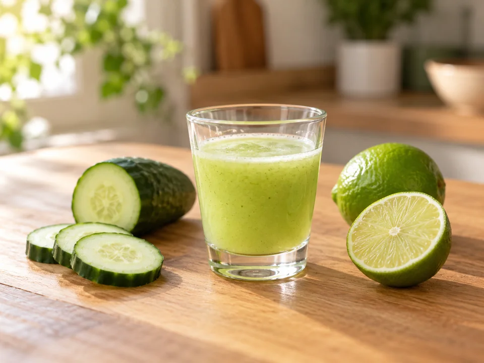 Shot de pepino e limão sobre uma mesa com os ingredientes