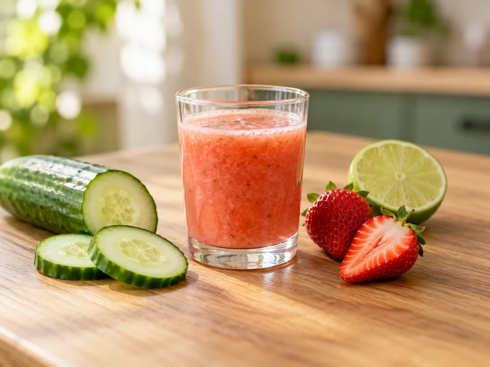 Shot de morango, pepino e limão com os ingredientes